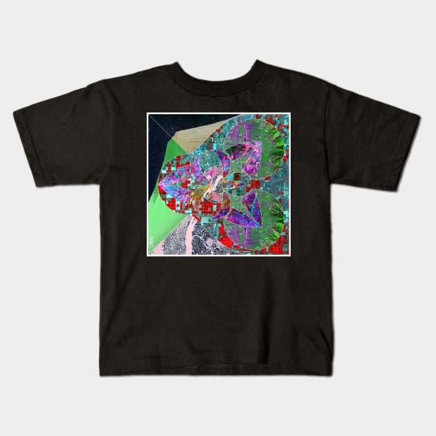 hazard city in lidar collage art in ecopop pattern Kids T-Shirt by jorge_lebeau